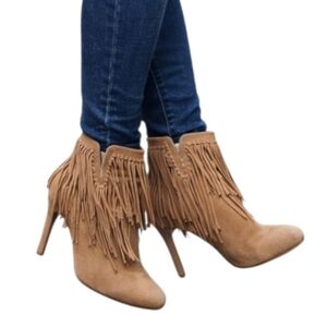 Jean-Michel Cazabat Tan Suede Fringe Ankle Booties Heels Size 38.5 (8.5) boho